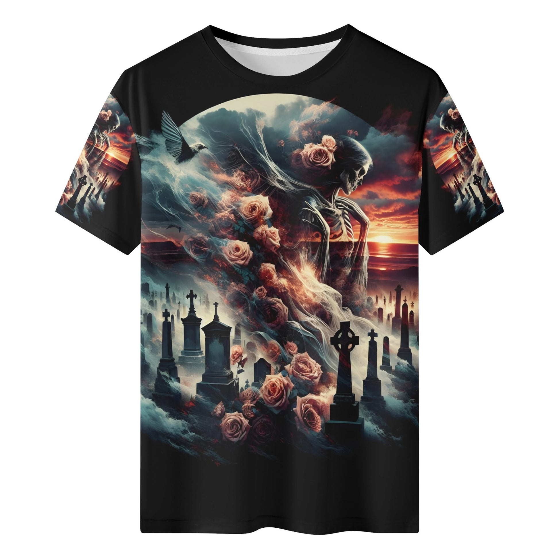 Graveyard Requiem 100 Cotton T-Shirt with spooky skeleton and rose design over a graveyard scene