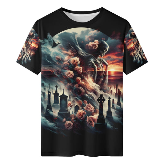 Graveyard Requiem 100 Cotton T-Shirt with spooky skeleton and rose design over a graveyard scene