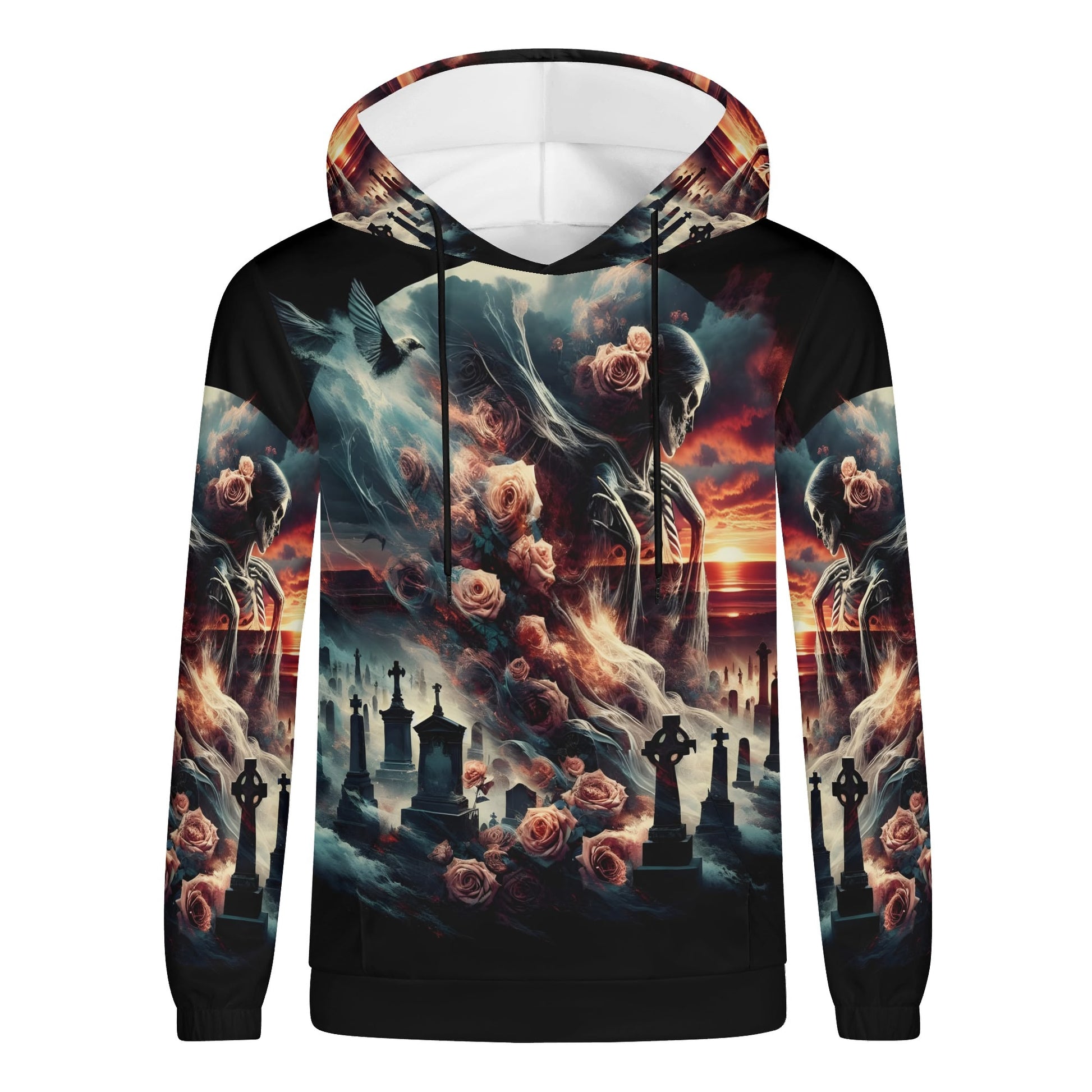 Graveyard Requiem Poly French Terry hoodie featuring a skeleton, roses, and gravestones in a dark, moody cemetery scene