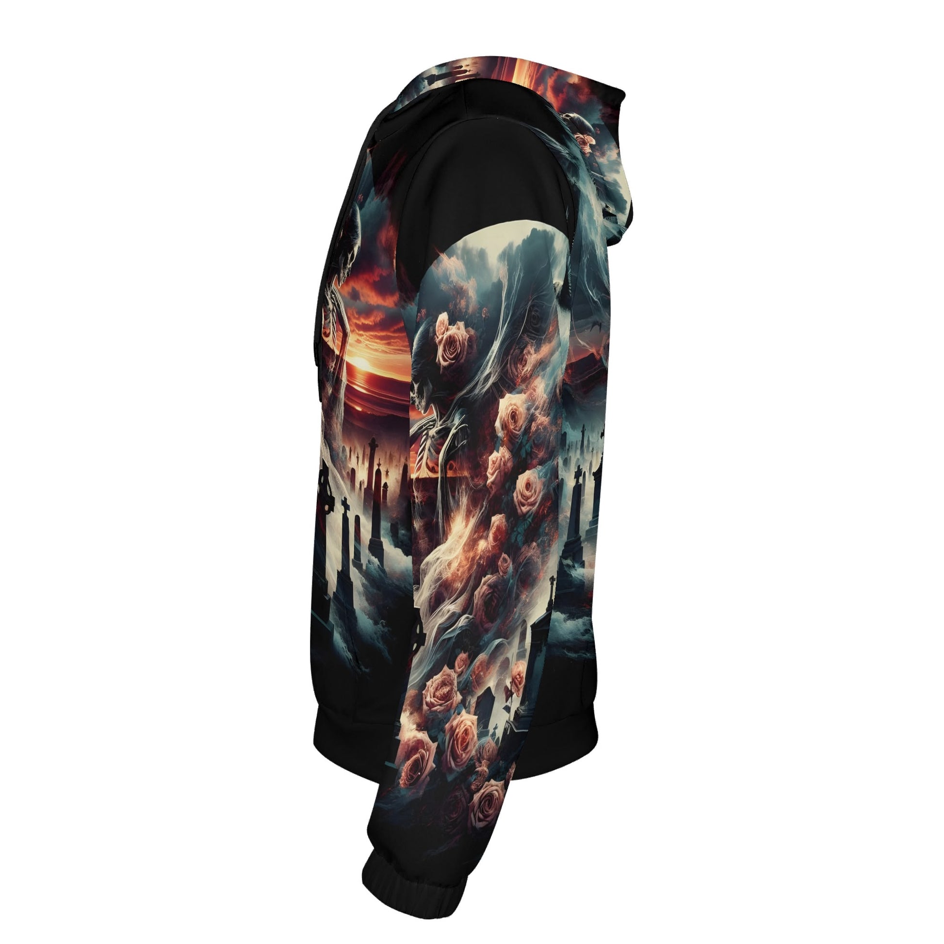 Graveyard Requiem Poly French Terry hoodie by Loud and Lethal with dark floral and sunset graveyard design