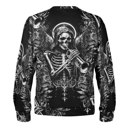 Trumpet of the Dead Cotton Terry Sweatshirt Loud and Lethal unisex black pullover with skeleton playing trumpet and gothic wings