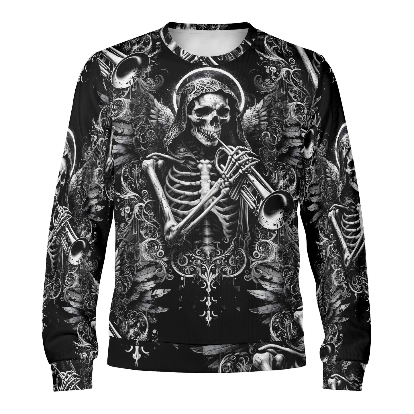 Loud and Lethal unisex sweater featuring skeleton playing trumpet gothic design Trumpet of the Dead Cotton Terry Sweatshirt