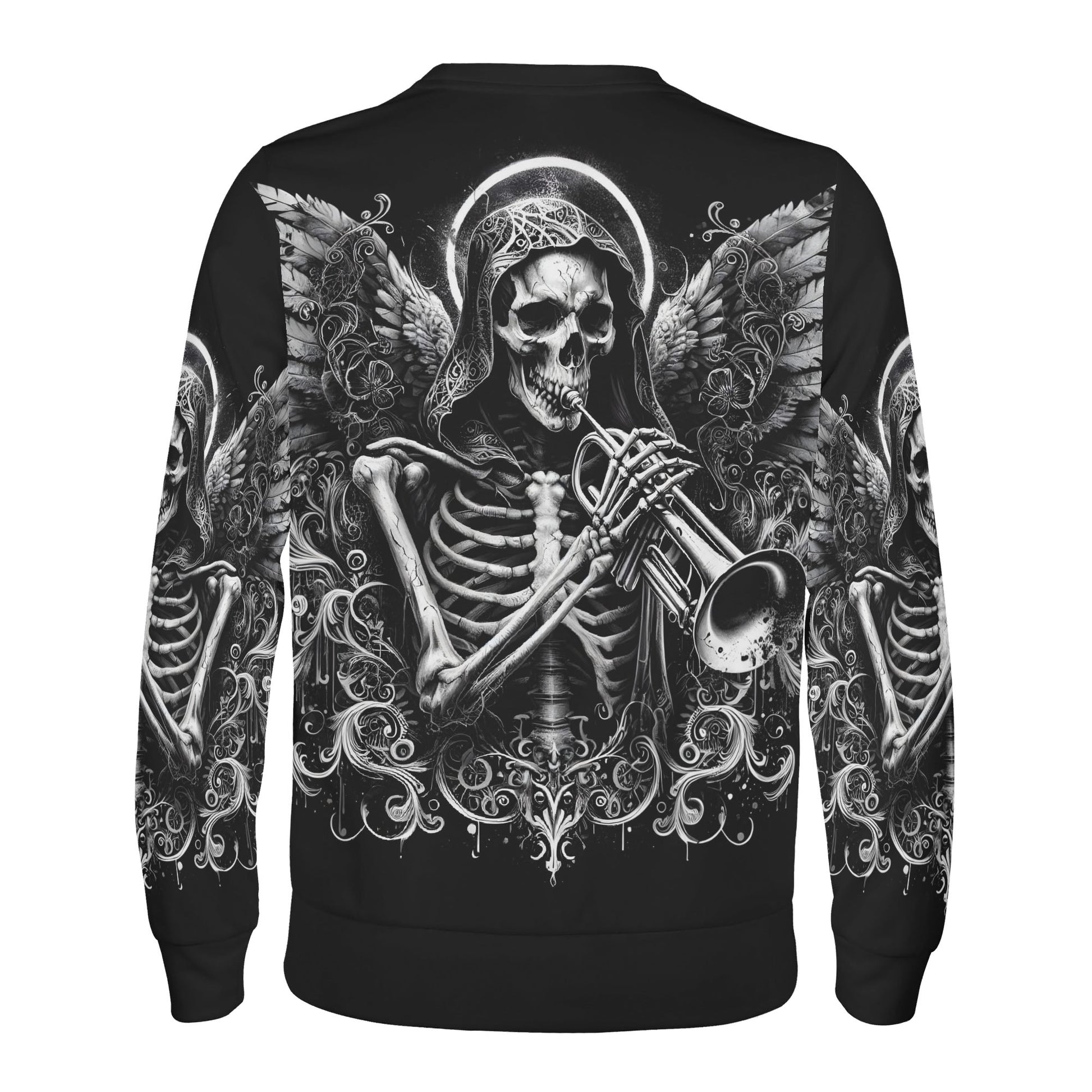 Unisex black sweatshirt with skeleton angel playing trumpet and ornate filigree Trumpet of the Dead Poly French Terry Sweatshirt