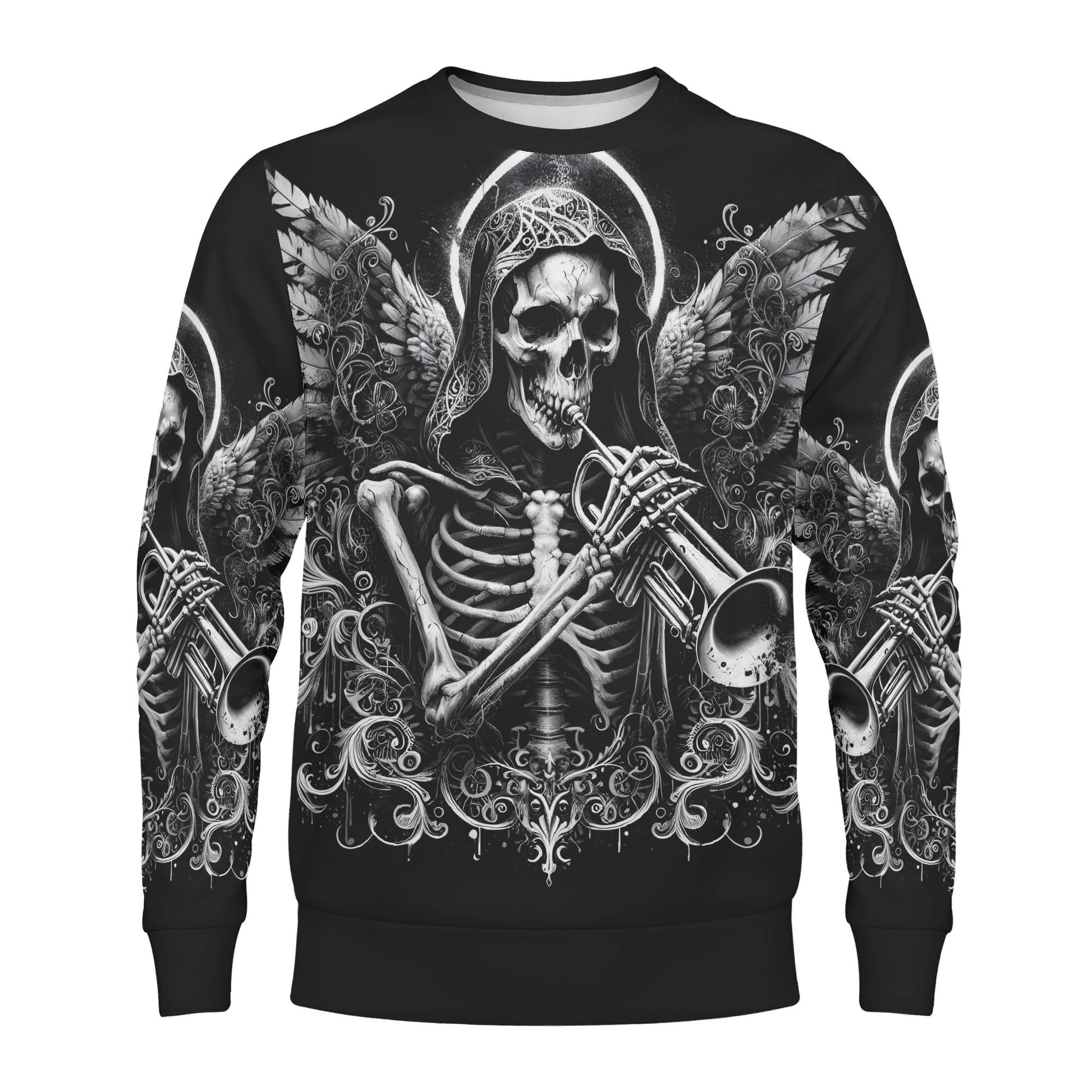 Loud and Lethal Trumpet of the Dead Poly French Terry Sweatshirt black unisex sweater with skeletal angel playing trumpet