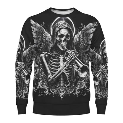 Loud and Lethal Trumpet of the Dead Poly French Terry Sweatshirt black unisex sweater with skeletal angel playing trumpet