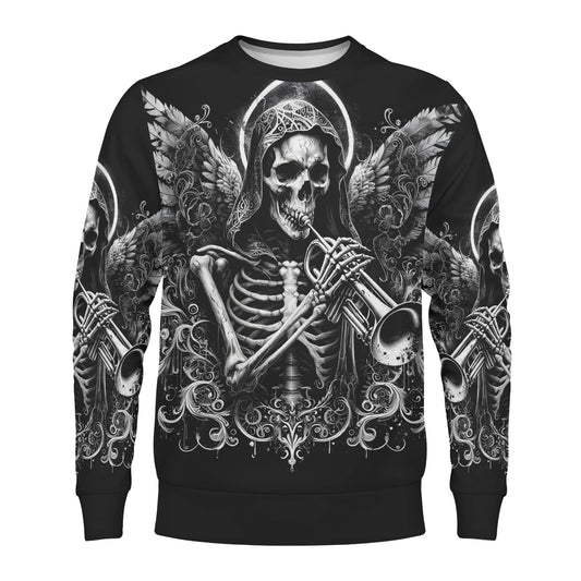 Loud and Lethal Trumpet of the Dead Poly French Terry Sweatshirt black unisex sweater with skeletal angel playing trumpet