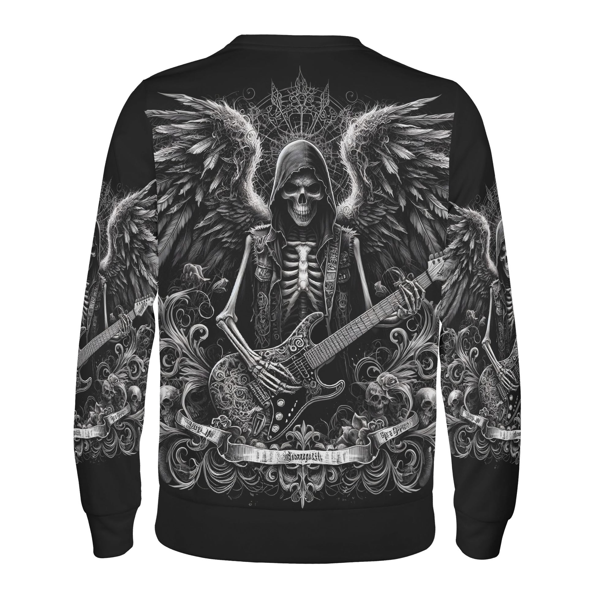 Loud and Lethal Ghoulish Guitarist Poly French Terry Sweatshirt unisex black sweatshirt with winged skeleton and guitar