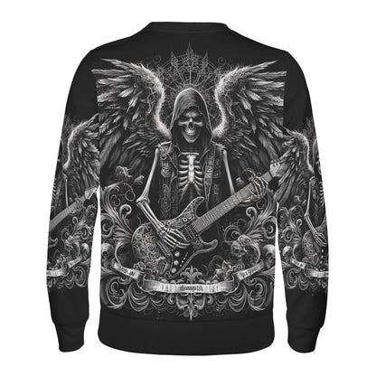 Loud and Lethal Ghoulish Guitarist Poly French Terry Sweatshirt unisex black sweatshirt with winged skeleton and guitar