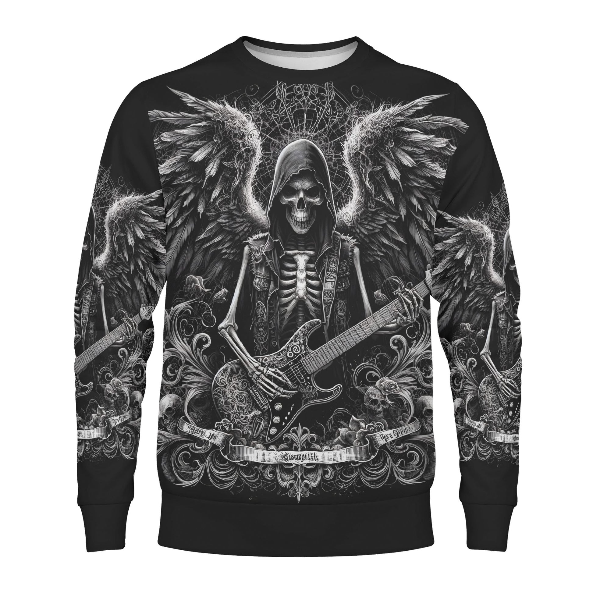 Ghoulish Guitarist Poly French Terry Sweatshirt unisex black sweater with skeletal guitarist wings and electric guitar