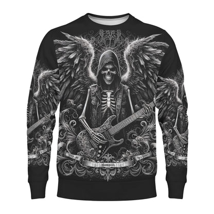 Ghoulish Guitarist Poly French Terry Sweatshirt unisex black sweater with skeletal guitarist wings and electric guitar