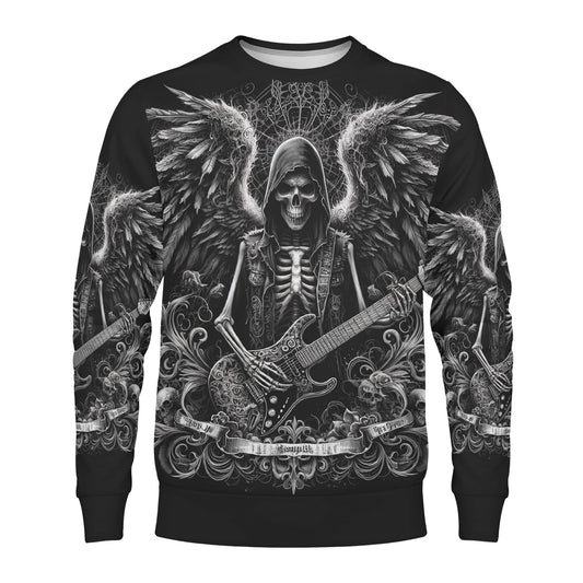 Ghoulish Guitarist Poly French Terry Sweatshirt unisex black sweater with skeletal guitarist wings and electric guitar