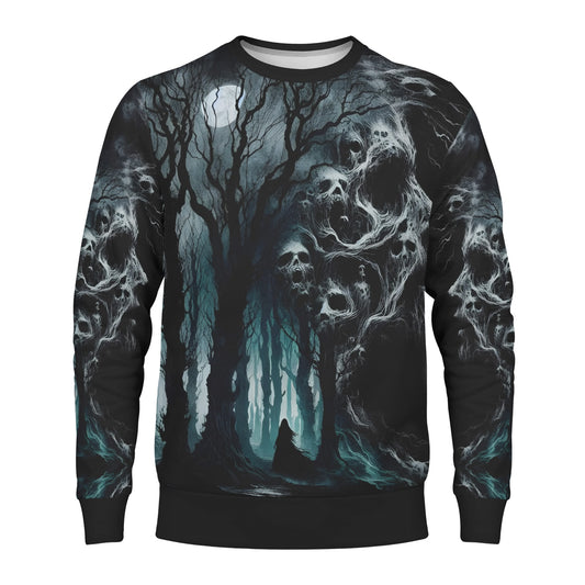Nightmare Grove Poly French Terry Sweatshirt unisex dark forest skulls moon cloaked figure design