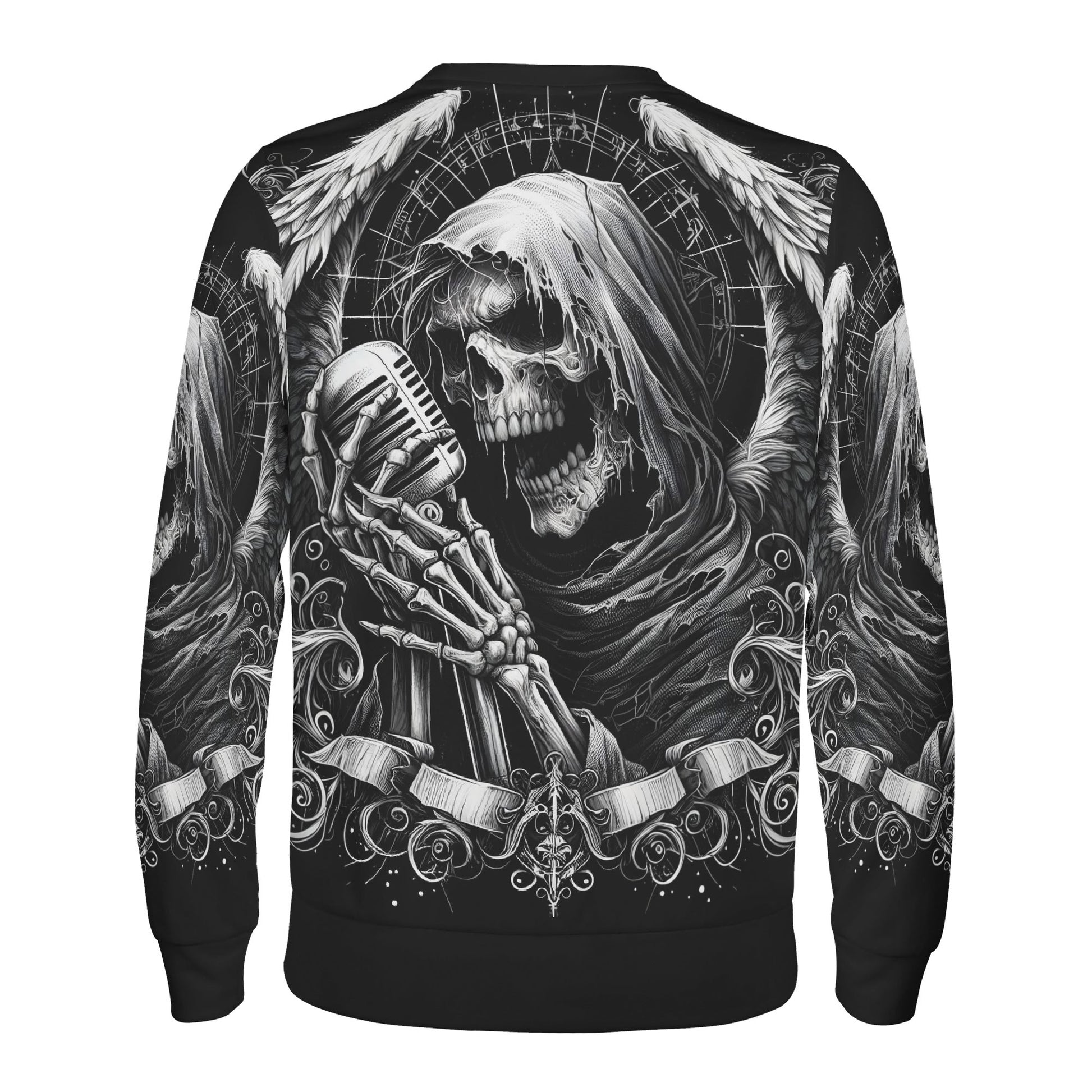 Loud and Lethal unisex sweater with hooded skull singer and wings holding vintage mic Shadowy Singer Cotton Terry Sweatshirt