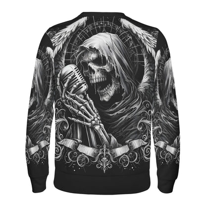 Loud and Lethal unisex sweater with hooded skull singer and wings holding vintage mic Shadowy Singer Cotton Terry Sweatshirt