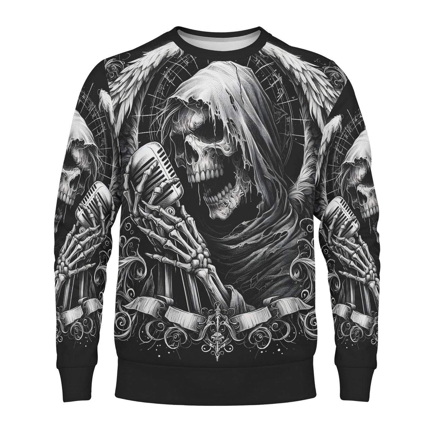 Shadowy Singer Cotton Terry Sweatshirt unisex black sweatshirt with winged grim reaper skull singing into vintage mic
