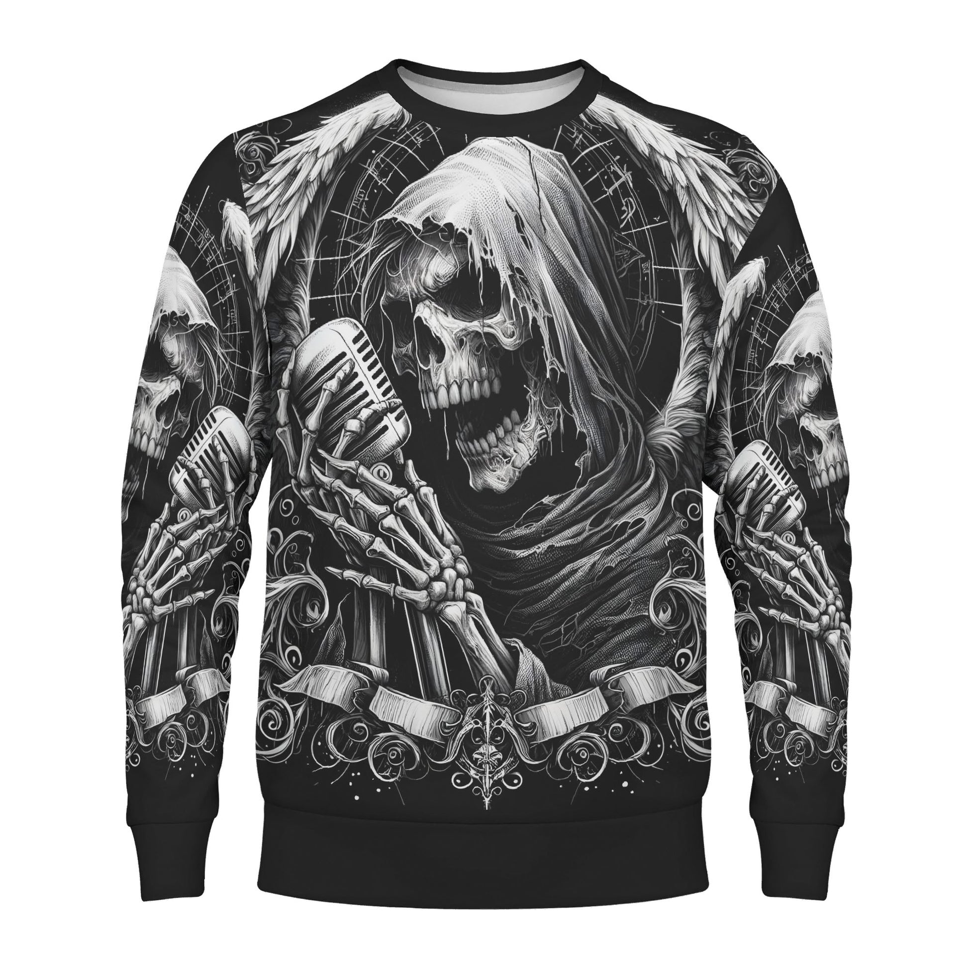 Shadowy Singer Cotton Terry Sweatshirt unisex black sweatshirt with winged grim reaper skull singing into vintage mic
