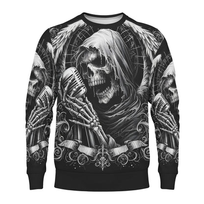 Shadowy Singer Cotton Terry Sweatshirt unisex black sweatshirt with winged grim reaper skull singing into vintage mic