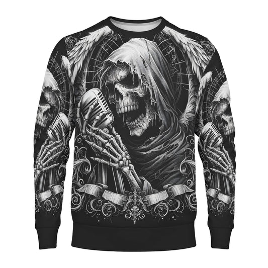 Shadowy Singer Cotton Terry Sweatshirt unisex black sweatshirt with winged grim reaper skull singing into vintage mic
