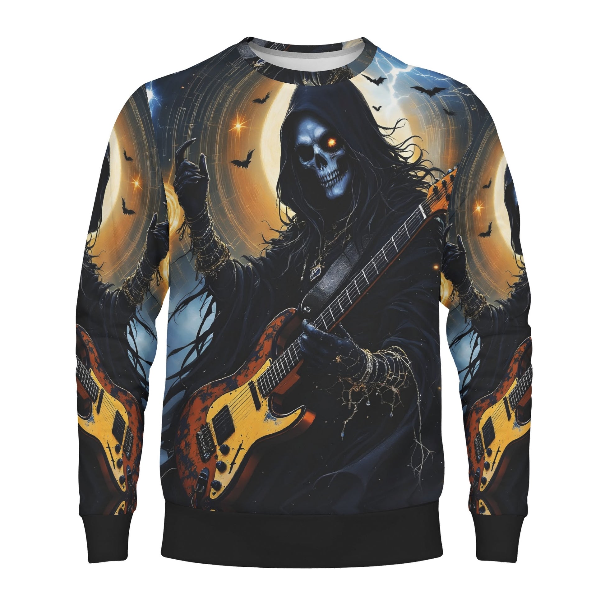 Loud and Lethal unisex sweater Death Metal Muse Poly French Terry Sweatshirt showing hooded skeleton guitarist and bats