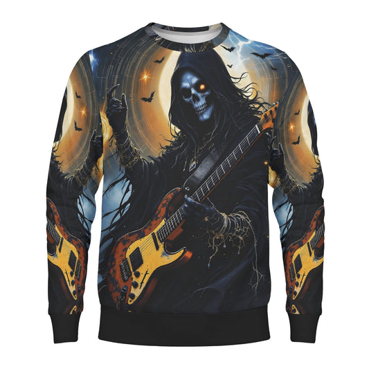Loud and Lethal unisex sweater Death Metal Muse Poly French Terry Sweatshirt showing hooded skeleton guitarist and bats