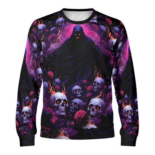 Eternal Defiance Cotton Terry Sweatshirt unisex Loud and Lethal black crewneck with hooded reaper skulls and purple roses design