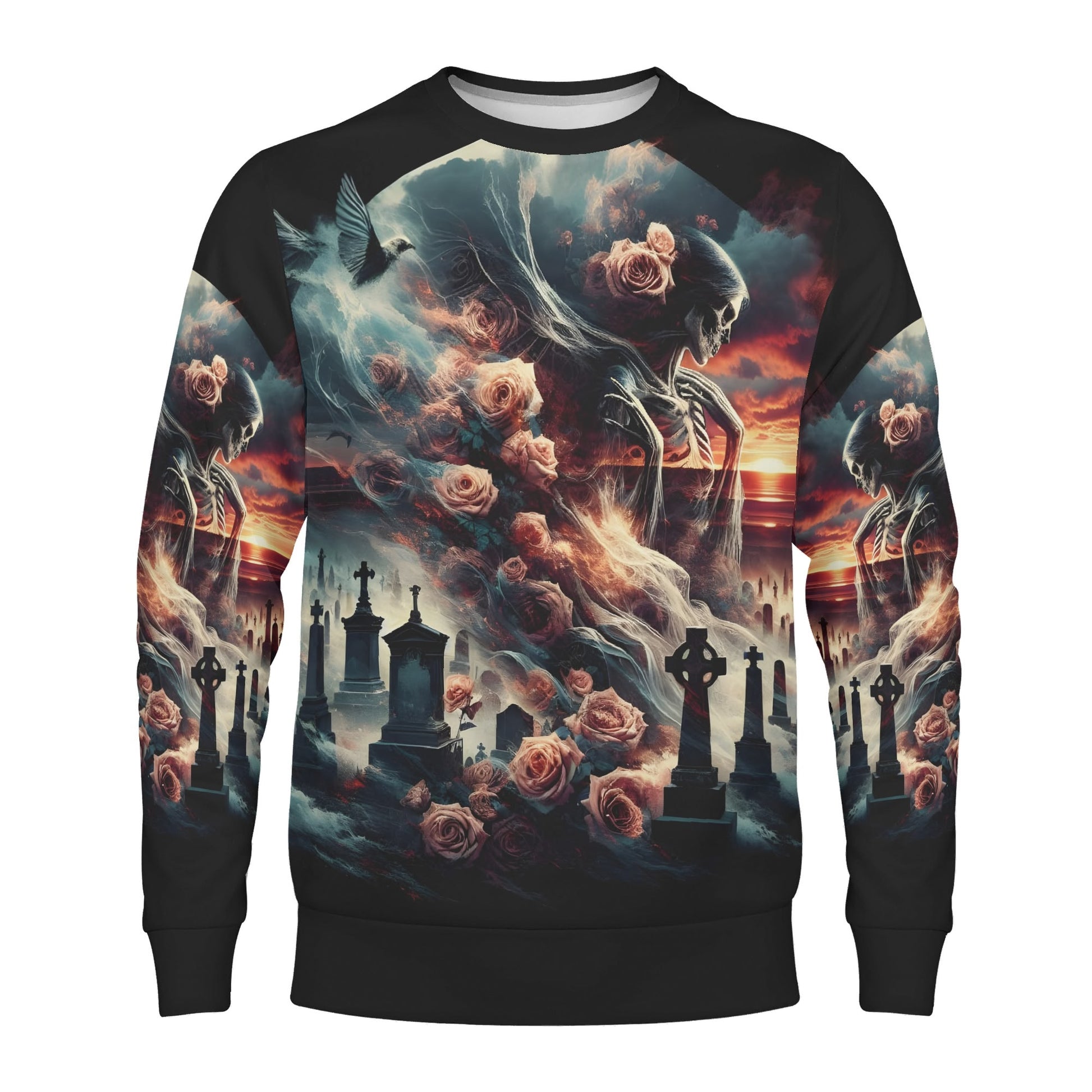 Graveyard Requiem Poly French Terry Sweatshirt unisex by Loud and Lethal with gothic cemetery skull and rose print