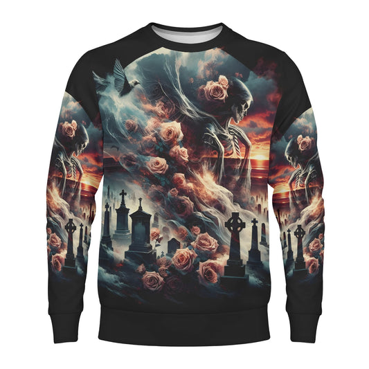 Graveyard Requiem Poly French Terry Sweatshirt unisex by Loud and Lethal with gothic cemetery skull and rose print