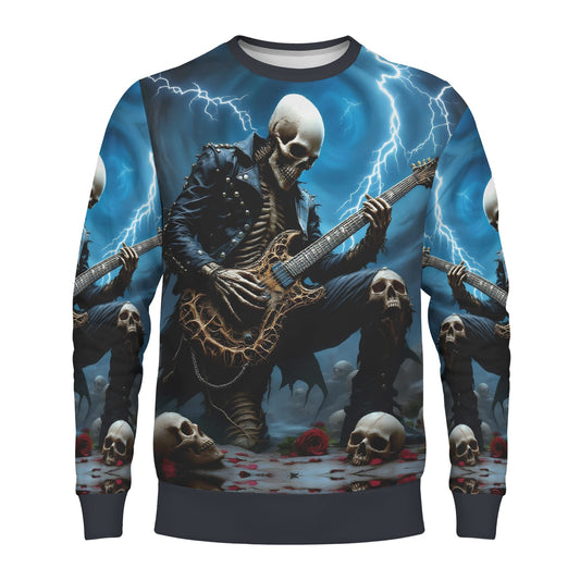 Guitar of the Damned Poly French Terry Sweatshirt unisex sweater with skeleton guitarist, skulls, roses and lightning storm print
