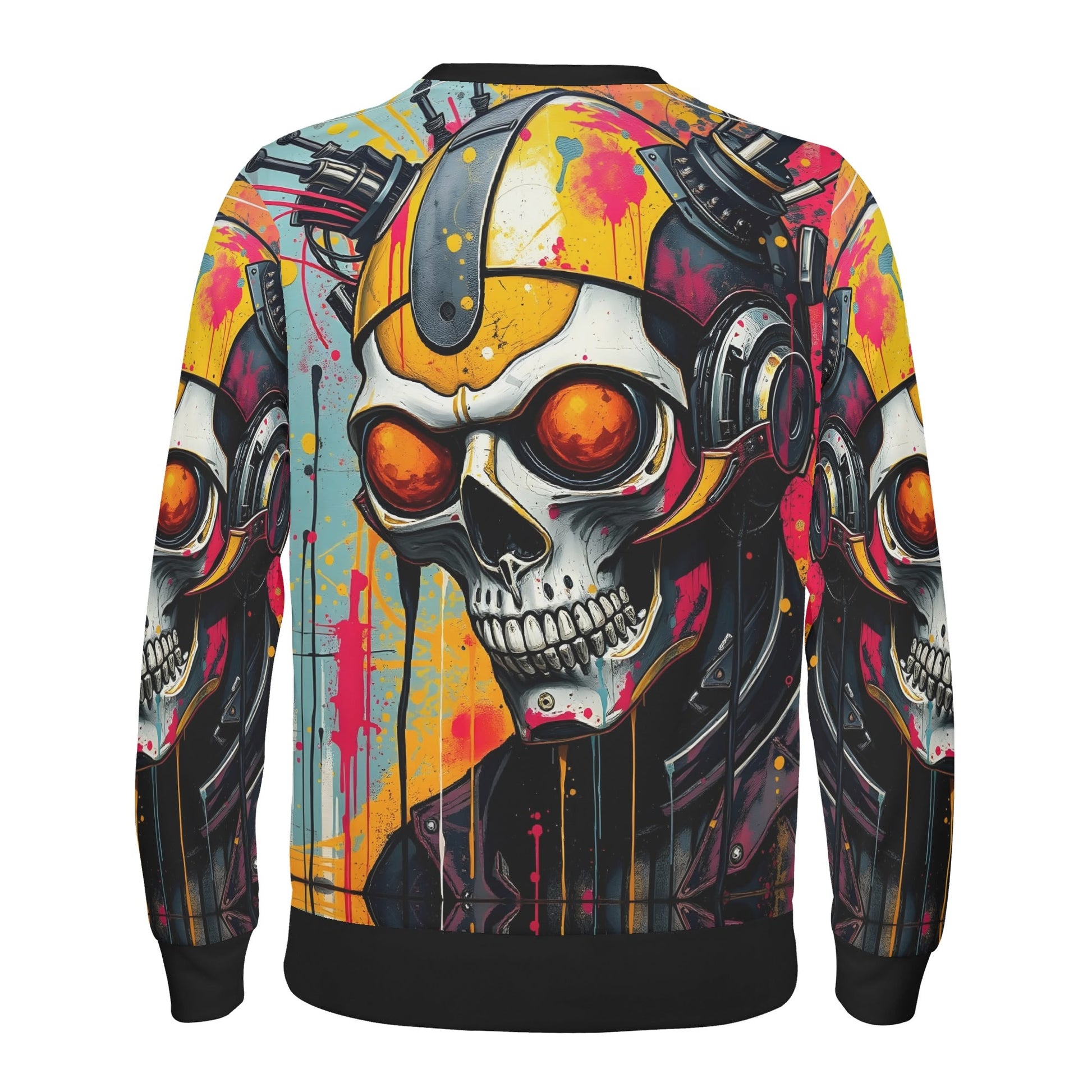 Neon Reaper Poly French Terry Sweatshirt Loud and Lethal unisex sweater with colorful skull helmet and headphones back print