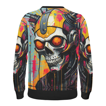 Neon Reaper Poly French Terry Sweatshirt Loud and Lethal unisex sweater with colorful skull helmet and headphones back print