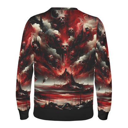 Loud and Lethal unisex sweater back view with dark red skull clouds castle landscape Raining Blood Poly French Terry Sweatshirt