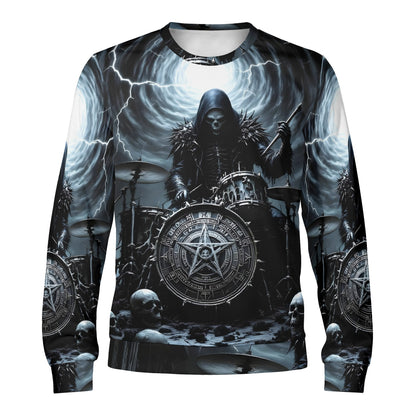 Drummer of the Fallen Poly French Terry Sweatshirt unisex sweater showing grim reaper drummer and stormy drum kit
