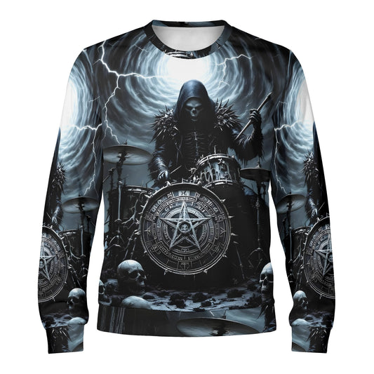 Drummer of the Fallen Poly French Terry Sweatshirt unisex sweater showing grim reaper drummer and stormy drum kit