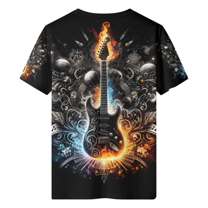 Guitar Galaxy 100 Cottton T-Shirt with vibrant flaming electric guitar design on black unisex tee