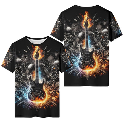 Unisex Guitar Galaxy 100 Cottton T-Shirt featuring a flaming electric guitar design on black background