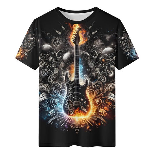 Loud and Lethal Guitar Galaxy 100 Cottton T-Shirt with fiery electric guitar and cosmic design