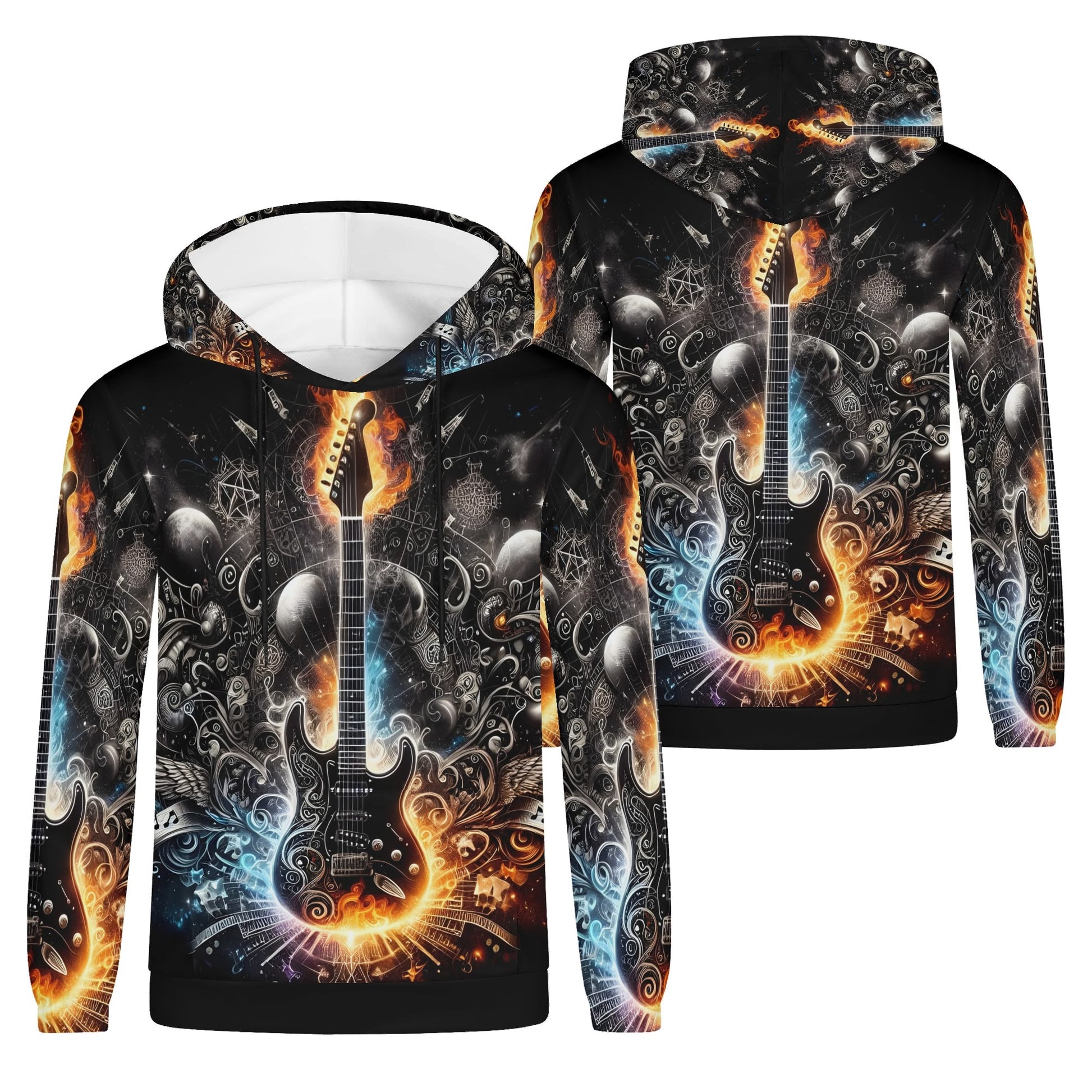 Guitar Galaxy poly french terry hoodie by Loud and Lethal featuring fiery electric guitar with cosmic galaxy design