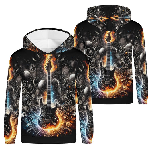 Guitar Galaxy poly french terry hoodie by Loud and Lethal featuring fiery electric guitar with cosmic galaxy design