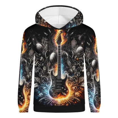 Guitar Galaxy poly french terry hoodie by Loud and Lethal featuring vibrant electric guitar and cosmic flame design