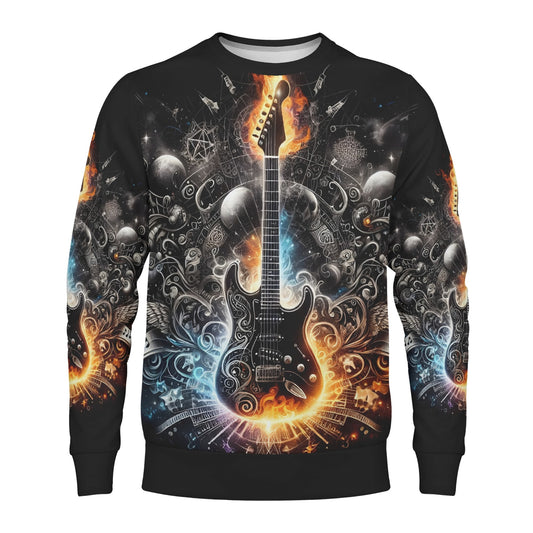Loud and Lethal Guitar Galaxy Poly French Terry Sweatshirt featuring a vibrant electric guitar with cosmic and fiery design