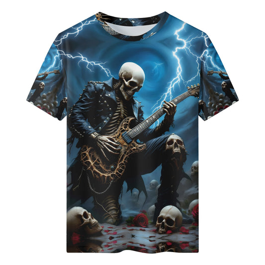 Guitar of the Damned 100 Cotton T-Shirt by Loud and Lethal with skeleton playing guitar under lightning