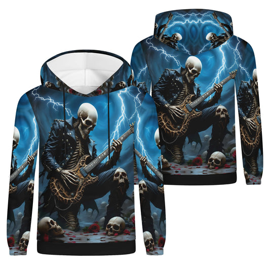 Guitar of the Damned Cotton Terry Hoodie featuring skeleton playing electric guitar with lightning background