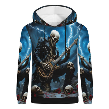 Guitar of the Damned Cotton Terry Hoodie featuring skeleton playing electric guitar with storm background