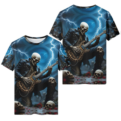 Guitar of the Damned Lycra T-Shirt featuring skeleton playing guitar with lightning and skulls all over print