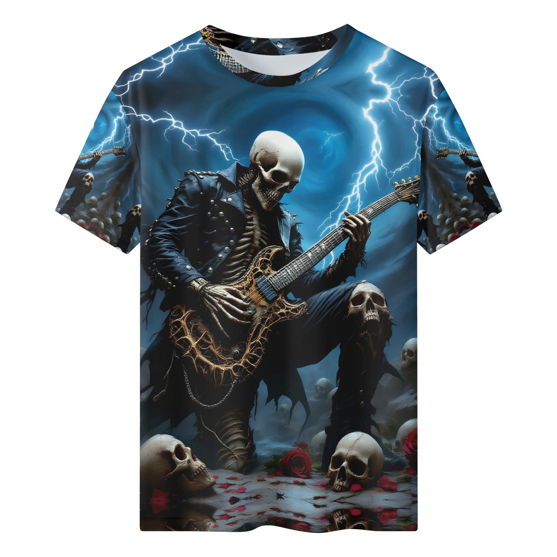 Guitar of the Damned Lycra T-Shirt by Loud and Lethal featuring skeleton guitarist in stormy scene with skulls