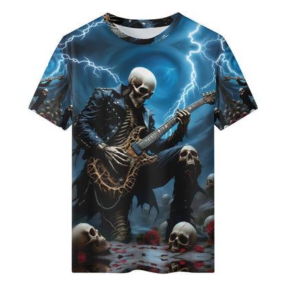 Guitar of the Damned Lycra T-Shirt by Loud and Lethal featuring skeleton guitarist in stormy scene with skulls