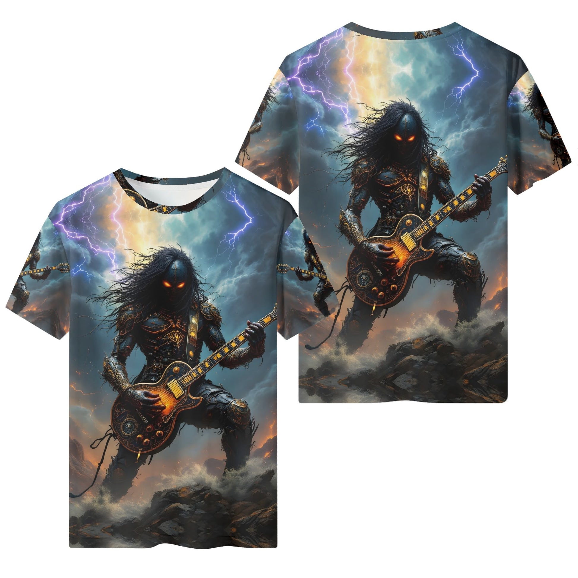 Loud and Lethal Guitar of the Gods 100 Cotton T-Shirt featuring a dark figure playing electric guitar with lightning background