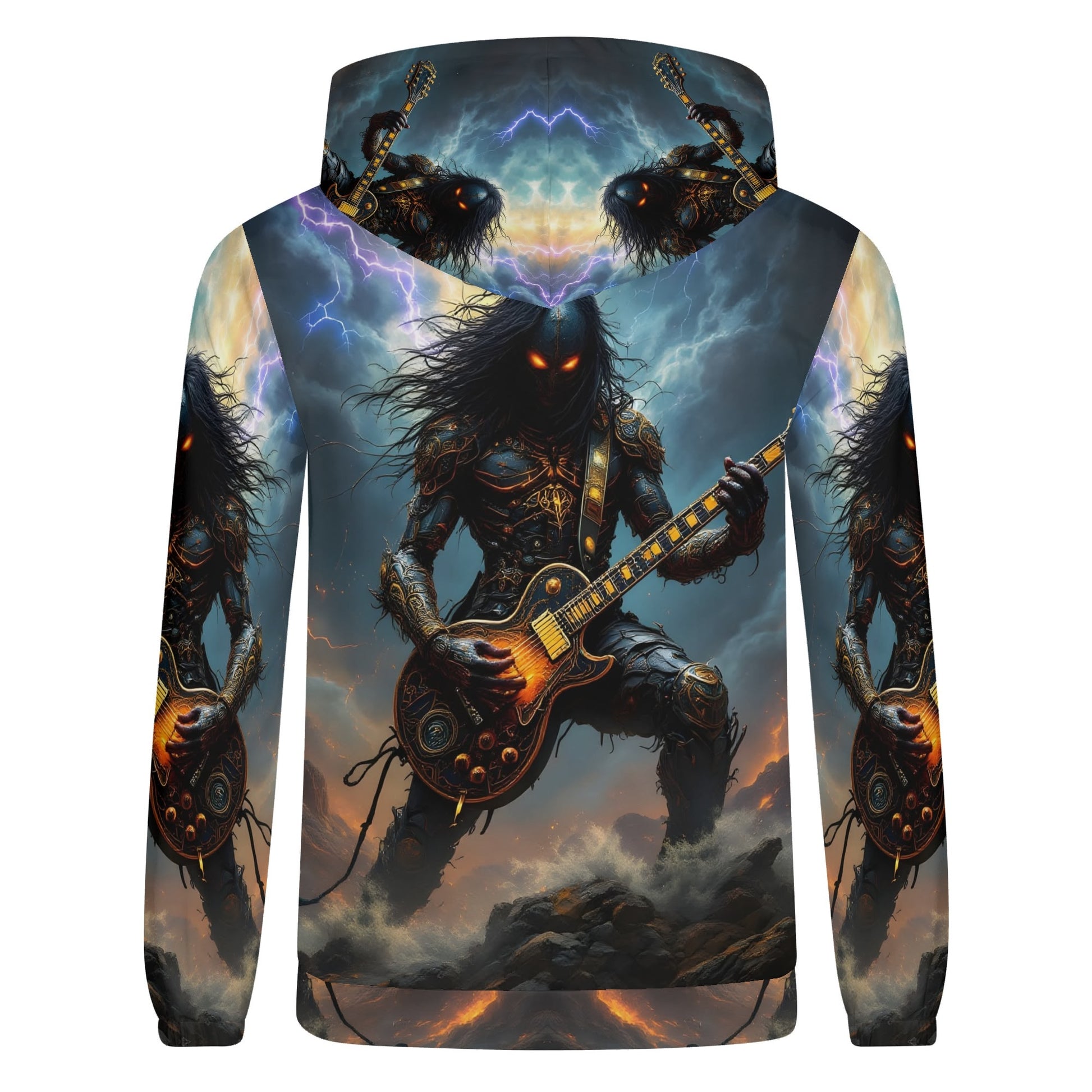 Back view of Loud and Lethal Guitar of the Gods Poly French Terry hoodie featuring dark warrior playing guitar design