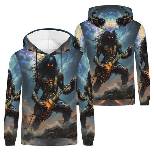 Guitar of the Gods Poly French Terry hoodie featuring a dark warrior playing electric guitar in stormy background