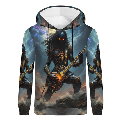 Unisex Guitar of the Gods Poly French Terry hoodie with dark fantasy guitarist design and lightning background